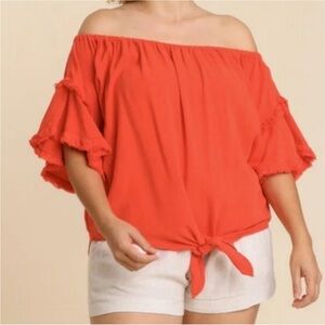 Off-Shoulder Ruffle linen blend top